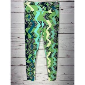 LuLaRoe One Size Green Black Abstract Leggings‎ Pull On Wide Waistband
